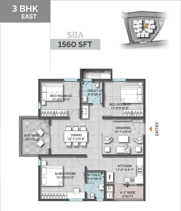 Bren Park City Floor Plan 3BHK (1560 sqft) floor plan